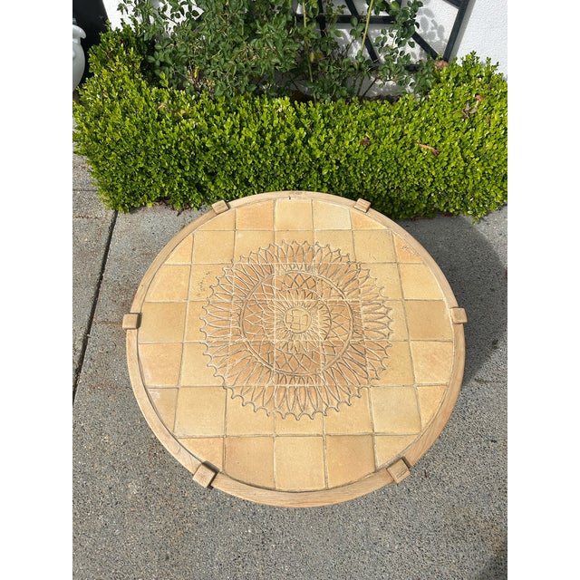 Wood Vintage Round Carved Wood Coffee Table With Tiled Inlay Top For Sale - Image 7 of 16
