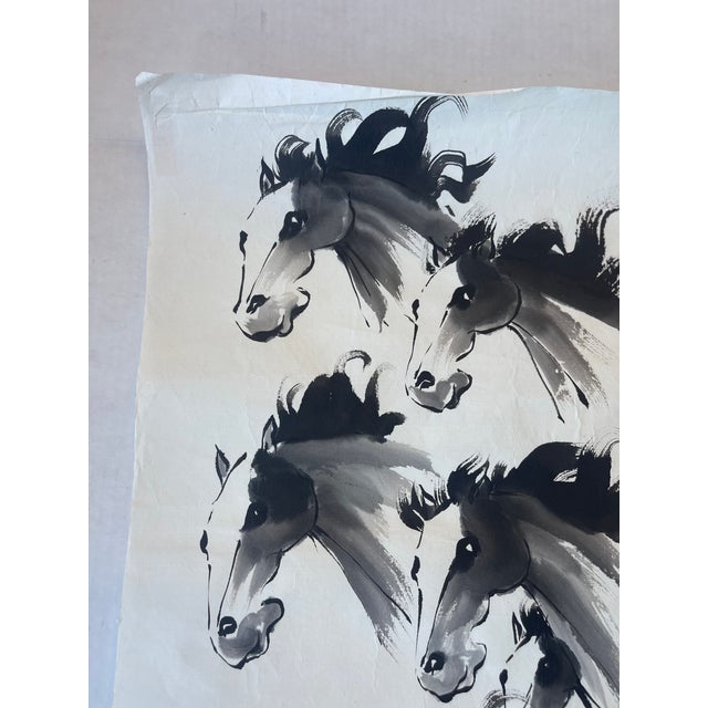 Paper Expressive Vintage Ink Horse Painting by j.p. Gaston in Asian Brush Style on Rice Paper. For Sale - Image 7 of 10
