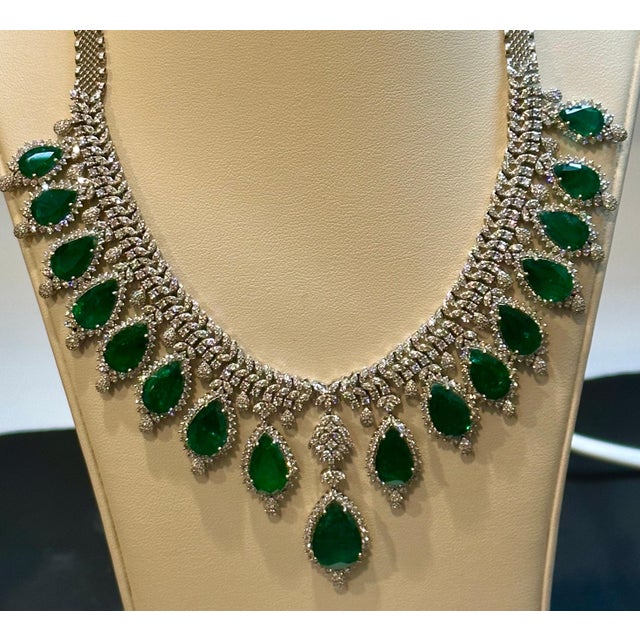 2020s Gia Certified 73ct Zambian Emerald & 22ct Diamond Necklace Earring Bridal Suite For Sale - Image 5 of 8