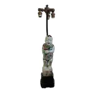 Antique 19th Century Chinese Wucai Famille Vert Porcelain Ho Ho Boy Figure Mounted Table Lamp