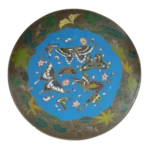 Antique Japanese Cloisonne Enamel Butterfly and Insect Plate Charger