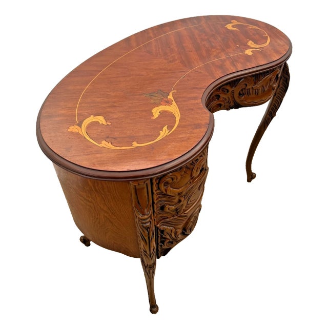 1940s Vintage French Desk Kidney Shaped Vanity Three Carved Drawers Inlays Petite Size For Sale - Image 5 of 13