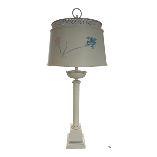 Lovely Vintage Mid 20th Century Metal Tole Ware Lamp With Painted Flowers For Sale