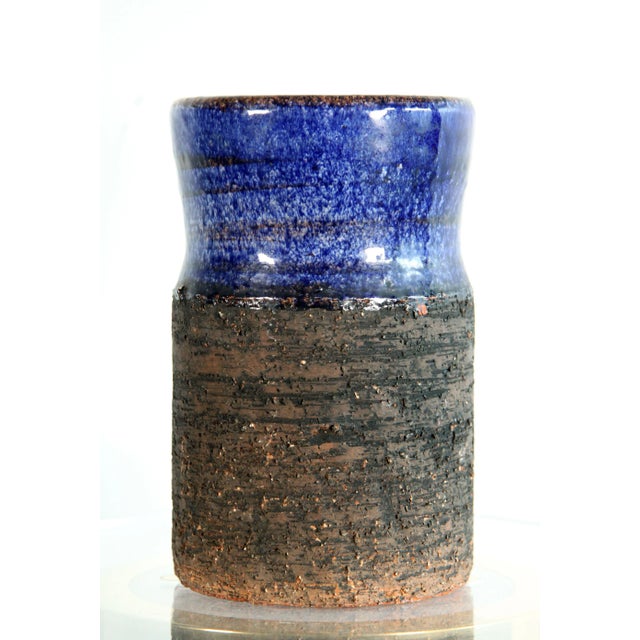 Exceptional vintage c.1950's Scandinavian art pottery ceramic vase with a brilliant deep cobalt blue glaze and rough black...