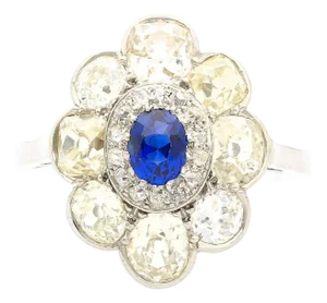 Vintage Agl Certified No Heat Burma Blue Sapphire and Old Euro Cut Diamond Ring, Size 6