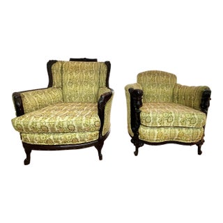 Set of Vintage Louis XV Bergere Style Chairs With Carved Walnut Frames & Brocade Upholstery. For Sale