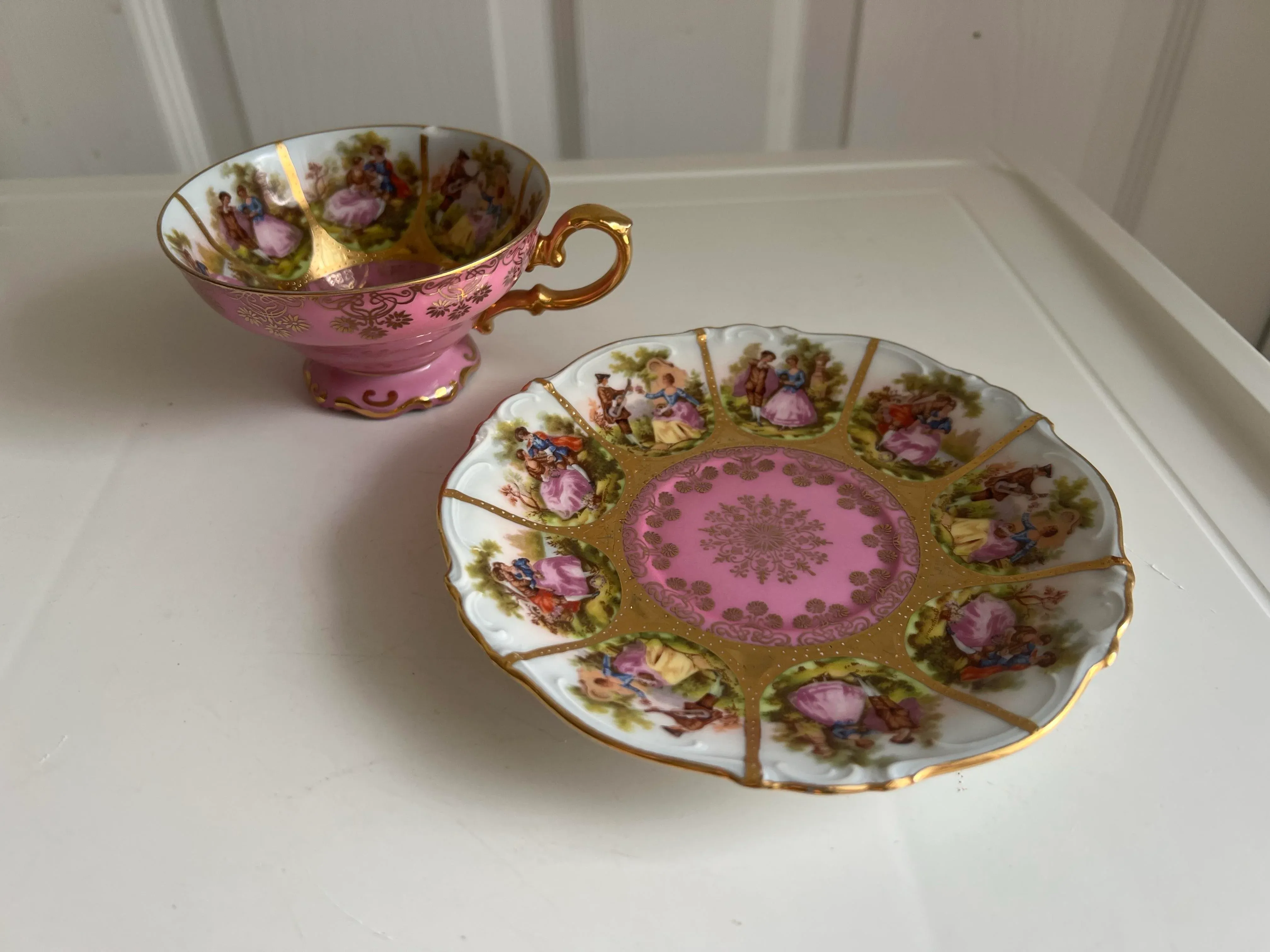 Vintage Pink Love Story Tea Cup and Saucer by JKW Decor Carlsbad