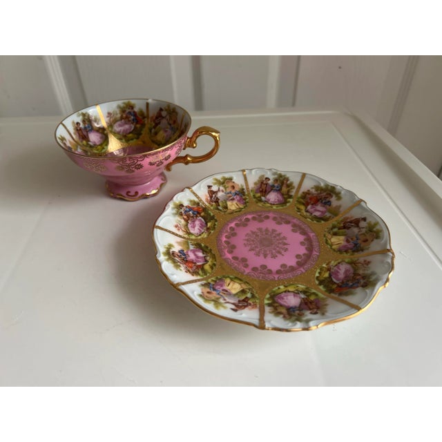 Victorian Vintage Pink Love Story Tea Cup and Saucer by JKW Decor Carlsbad of Germany For Sale - Image 3 of 10