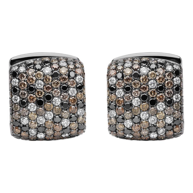 Black Rhodium Plated 18K White Gold 12 5/8 Cttw Multi Color Diamond Square Domed Huggie Hoop Earrings (Brown, Black, G-H Color, SI1-SI2 Clarity) For Sale