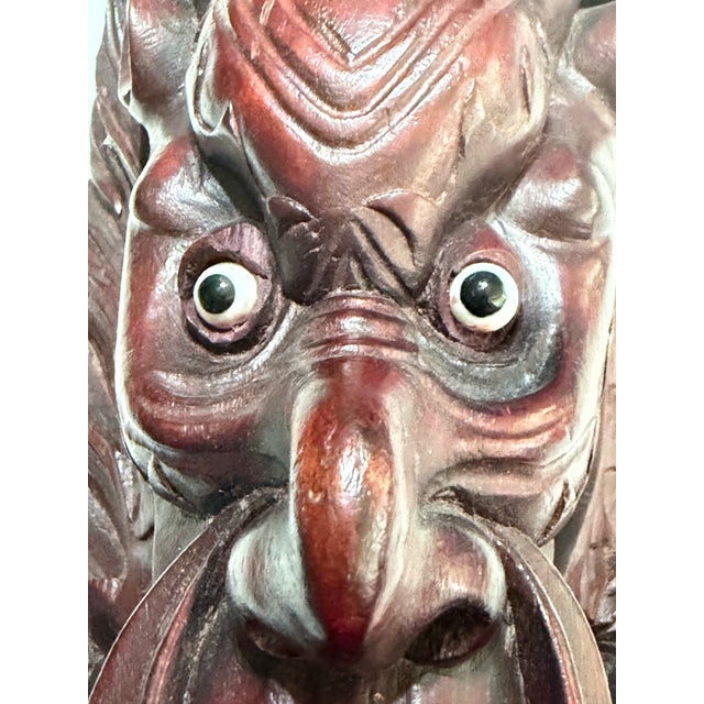 Vintage Indonesian Hand-Carved Horned Guardian Wall Mask With Inset Eyes For Sale - Image 9 of 12