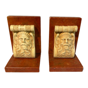 Vintage Italian Marble & Oxolite Bookends | Bearded Mascaron Gargoyle Mythological