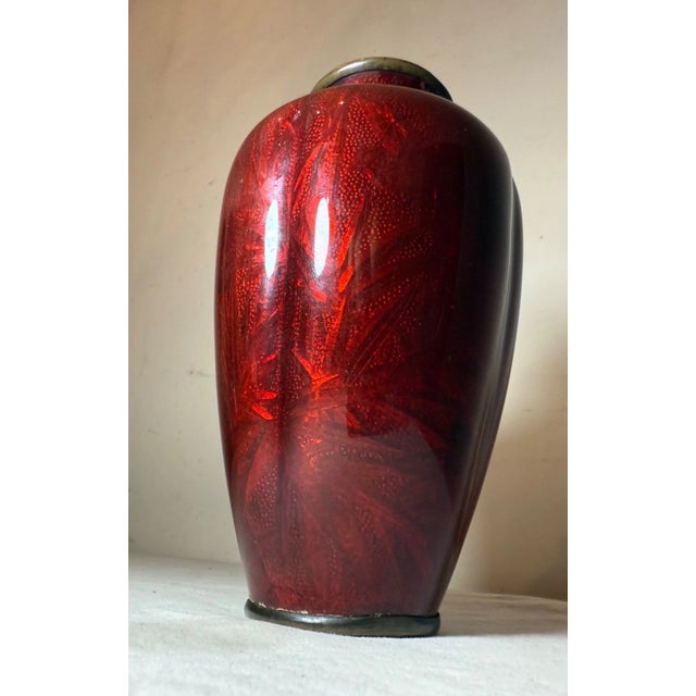 Antique Japanese Ginbari Red Foil Enamel Bird Bamboo Bronze Guilloche Vase Asian For Sale - Image 9 of 18
