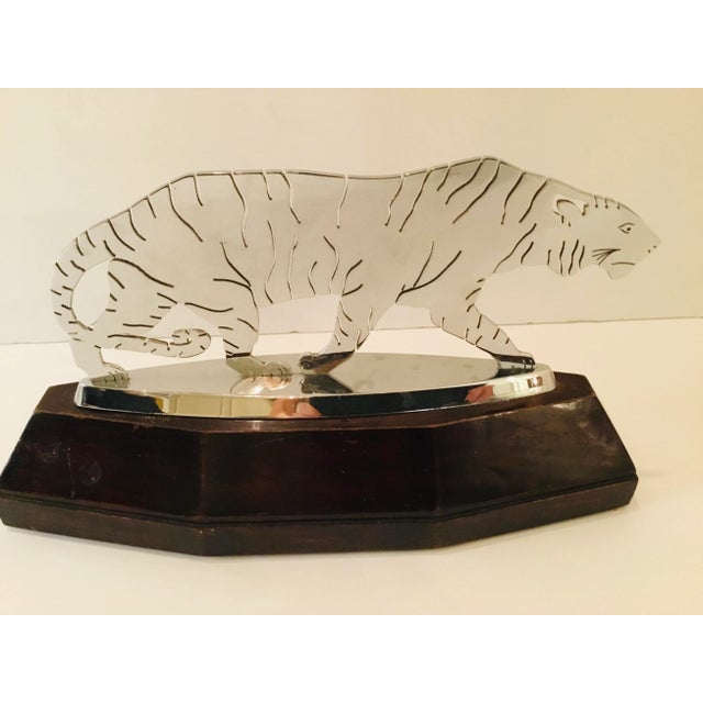 Unique 1920’s Vintage Art Deco Tiger Sculpture, silver finished tiger on a mahogany base