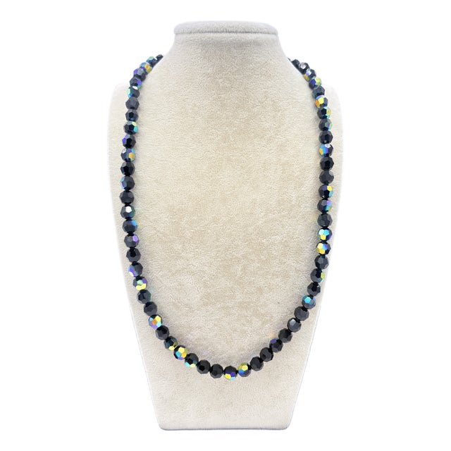 Luxury Jet‑Black Ab Czech Glass Necklace W 14k Ball Clasp • Mid‑Century European For Sale