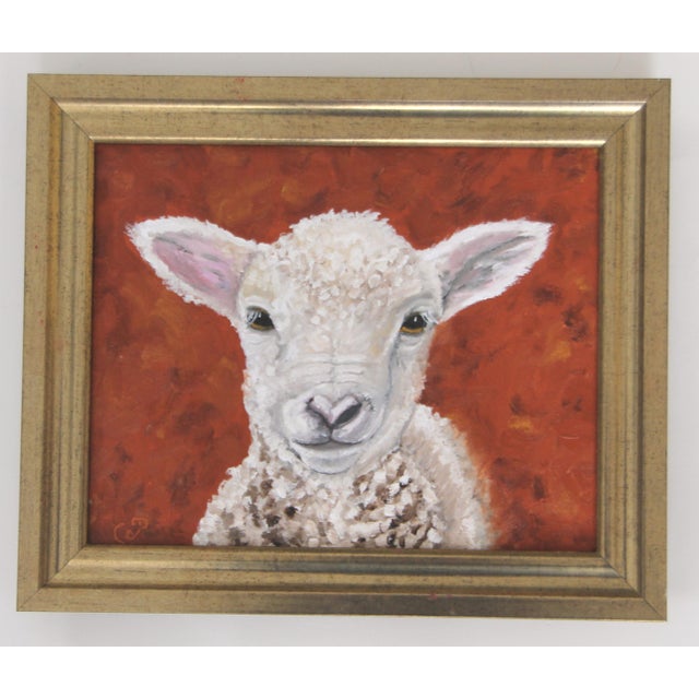 Realism Lamb Sheep Portrait Impressionism Traditional English White Beige Burnt Orange Original Oil Painting Cleo Plowden For Sale - Image 3 of 11