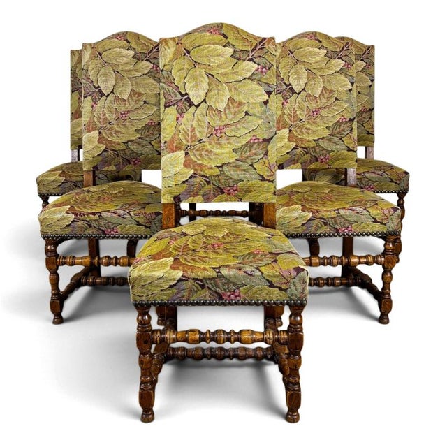 Louis XIII Chairs in Turned Walnut with Foliage Fabric, Set of 6 For Sale - Image 6 of 6