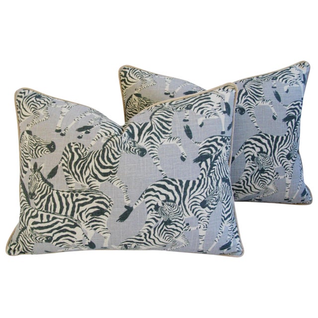Custom Safari Zebra Linen/Velvet Feather & Down Pillows 24" X 18" - Pair For Sale