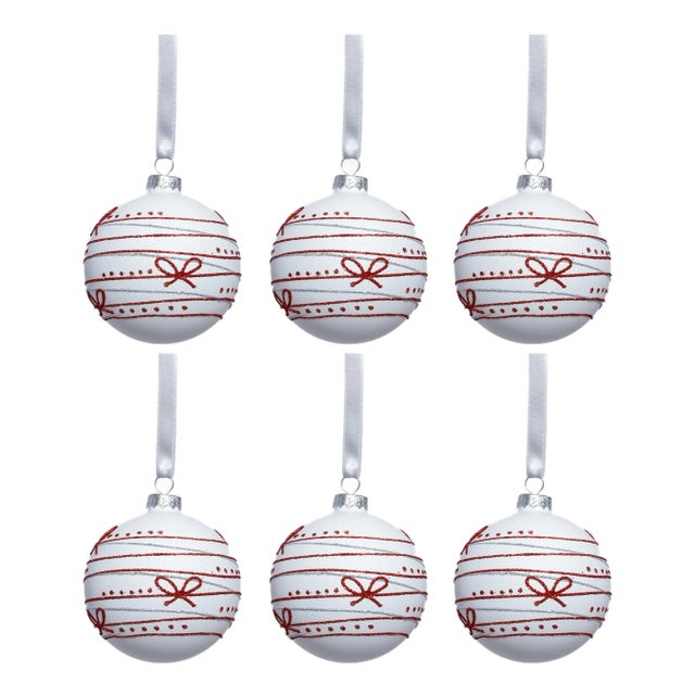 Matte Glass Holiday Ball Ornaments with Red Ribbon Design, Set of 6, 3.25" For Sale