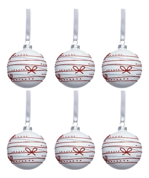 Matte Glass Holiday Ball Ornaments with Red Ribbon Design, Set of 6, 3.25"