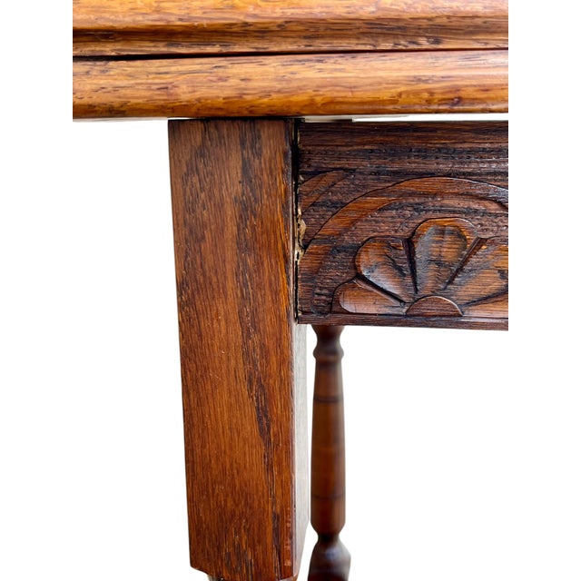 Antique English Jacobean Style Oak Flip Top Game Table Bar Cart Carved Frieze For Sale - Image 13 of 18