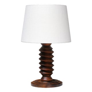 Sculptural Charles Dudouyt attributed Table Lamp in Oak and Linen, France, 1950s For Sale