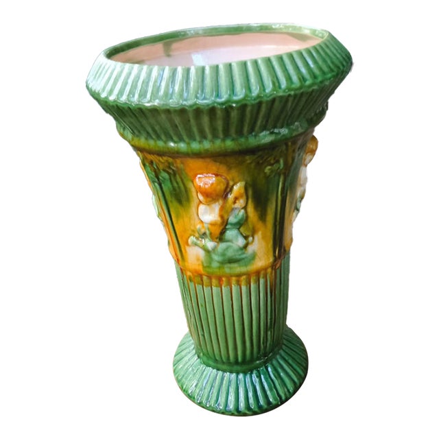 Rare Antique C. 1910 J.W. Brush -McCoy Majolica Pottery Planter/Jardinier – "W" Mark With Maker's Base Drainage Hole For Sale