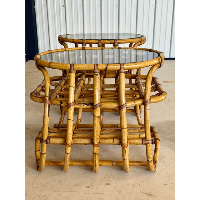 Vivai del Sud Pair Vintage Organic Modern Bent Rattan Side Tables With Smoked Glass For Sale - Image 4 of 12