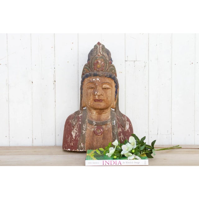A painted antique Quan- Yin bust from Burma ( Myanmar), this wooden bust has a peaceful expression with down cast eyes...