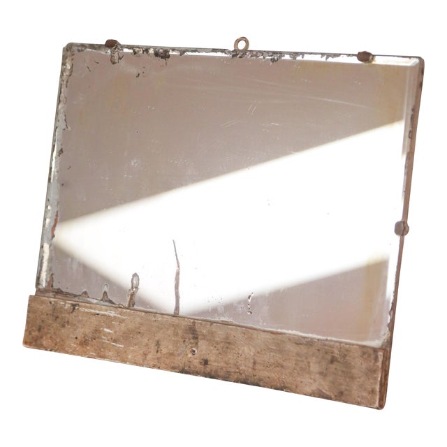Primitive Antique Bathroom Mirror With Beveled Edge and Rich Patina on Wood Frame For Sale