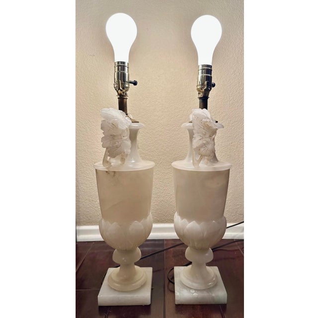 1920s Large Pair of Hand-Carved French Alabaster Neoclassical Urn Table Lamps For Sale - Image 14 of 18