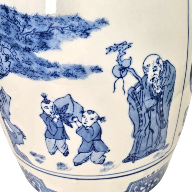 Chinese Vintage Chinese Blue and White Porcelain Garden Stool Shouxing Peach Longevity Motif 13" For Sale - Image 3 of 7