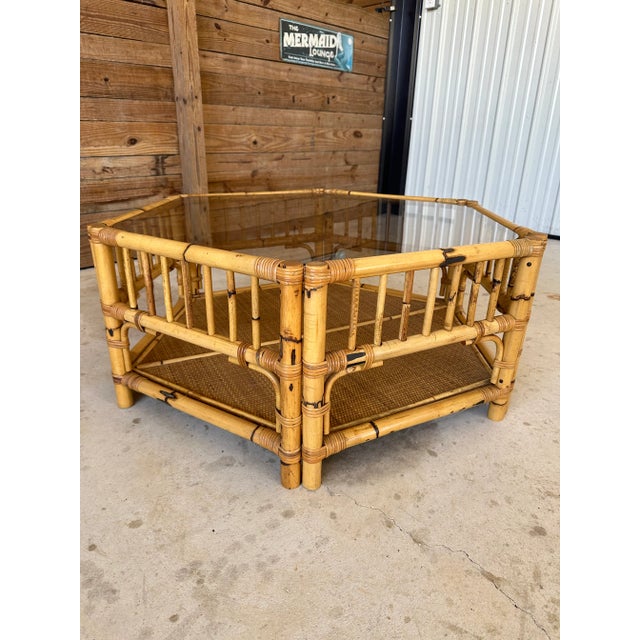 1980’s Coastal Hexagonal Bamboo Rattan Weave Coffee Table For Sale - Image 10 of 13