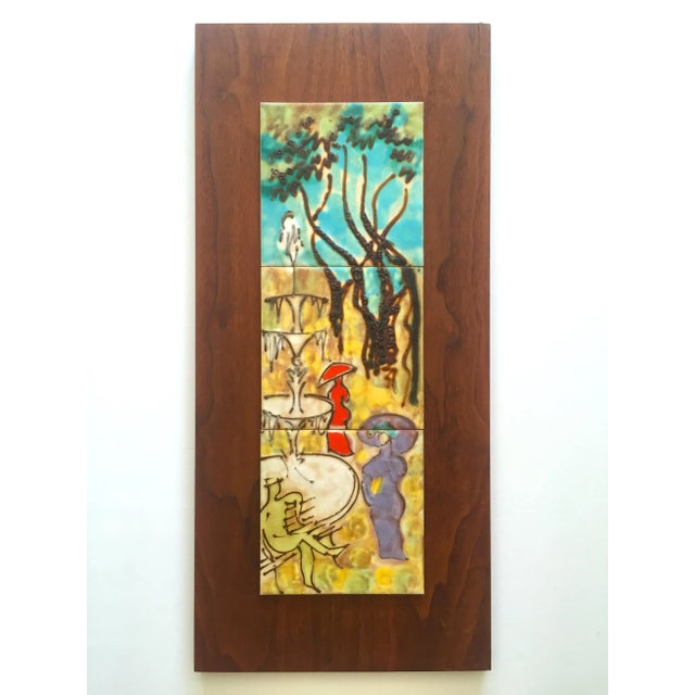 Harris Strong Harris Strong Vintage Mid Century Modern Hand Painted Ceramic Tile Walnut Wood Wall Art Panels - Set of 2 For Sale - Image 4 of 13