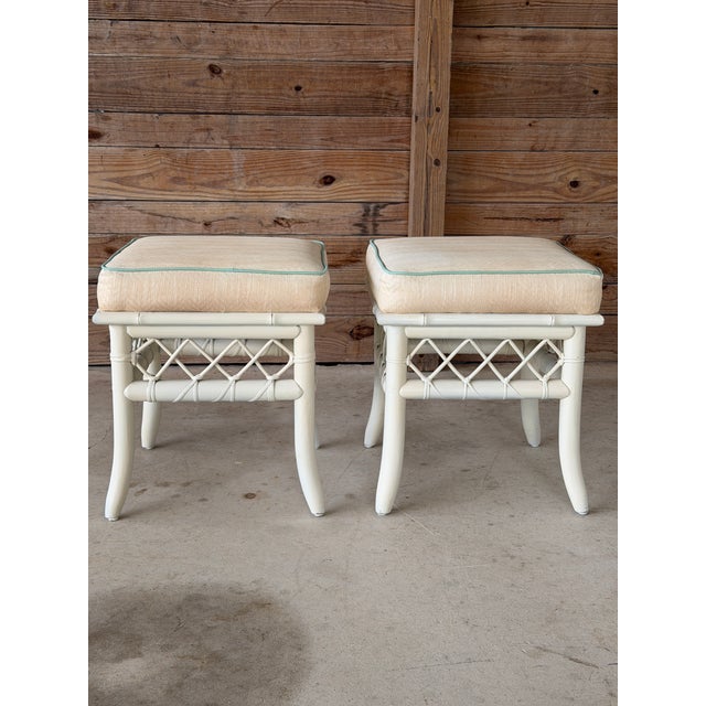 Vintage Coastal Rattan Ottomans or Footstools With Lattice Detail – Pair For Sale - Image 11 of 12