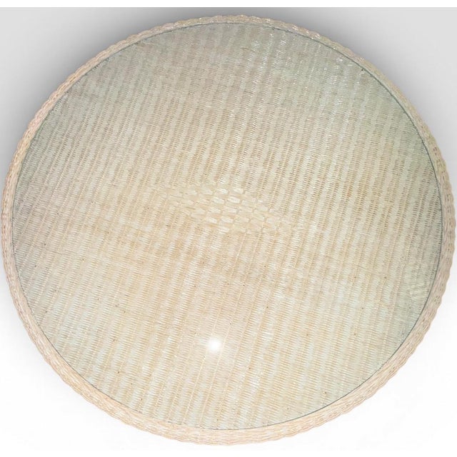 Vintage Coastal White Wicker Round Dining Table With Inset Glass Top For Sale - Image 4 of 18