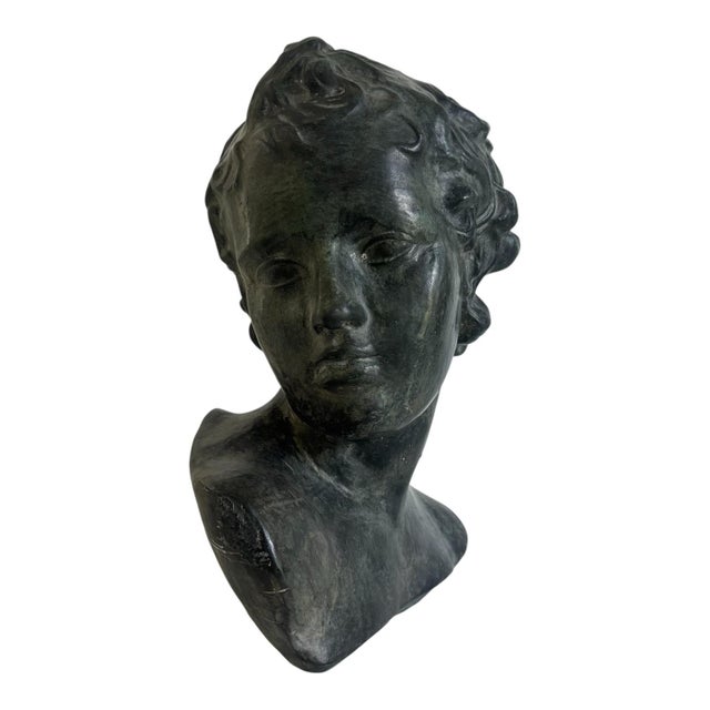Beautiful 20th century neoclassical dark green patina terracotta bust of young roman Ephebe. Signed Amphora. Made in...