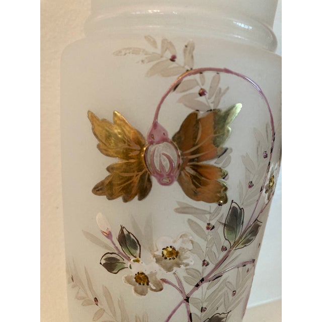 Vintage Bristol Glass Vase. White frosted glass with hand-painted floral design. Accented with gold. Victorian era/turn of...