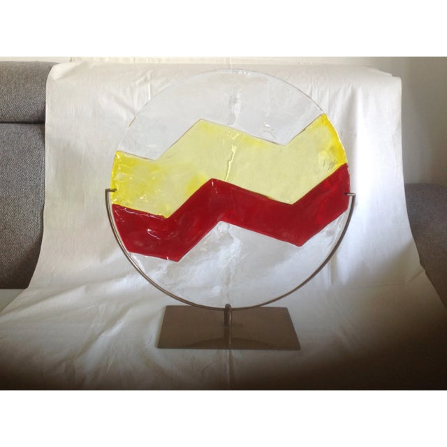 Angelo Vittorio Mazzega, Murano, Italy, unique piece, Disc Sculpture, the disc rests on a bronze base measuring 16.5 x 25...