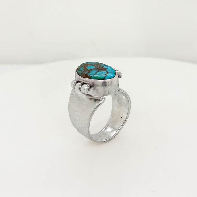 Navajo Delvin John Sterling Silver & Turquoise Cabochon Signet Style Ring For Sale - Image 10 of 11