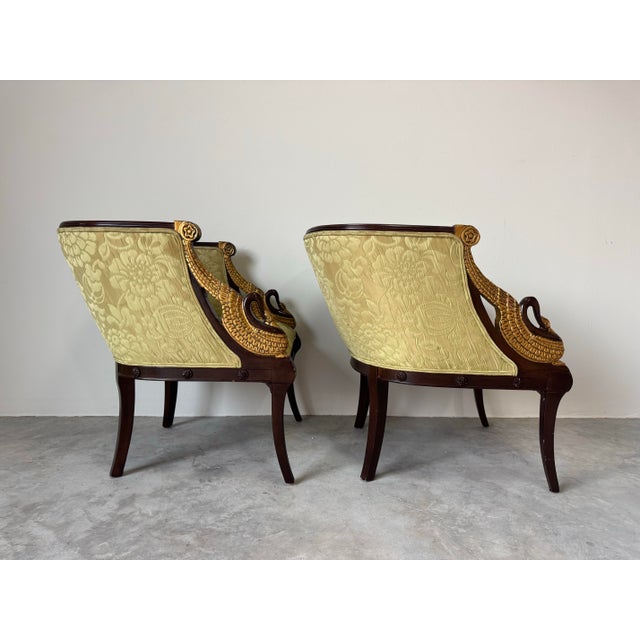 Wood Vintage Neoclassical Style Carved Swan Barrel Back Upholstered Lounge Chairs – A Pair/ Sold For Sale - Image 7 of 12