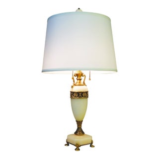 1930s French Depose Art Deco Neo Classic Trophy Urn White Onyx Marble Column Bronze Table Lamp For Sale