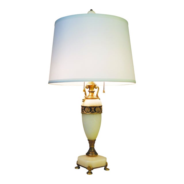 1930s French Depose Art Deco Neo Classic Trophy Urn White Onyx Marble Column Bronze Table Lamp For Sale