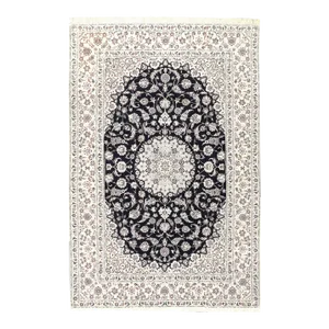 Navy Blue Fine Hand Knotted Persian Silk & Wool Nain Rug