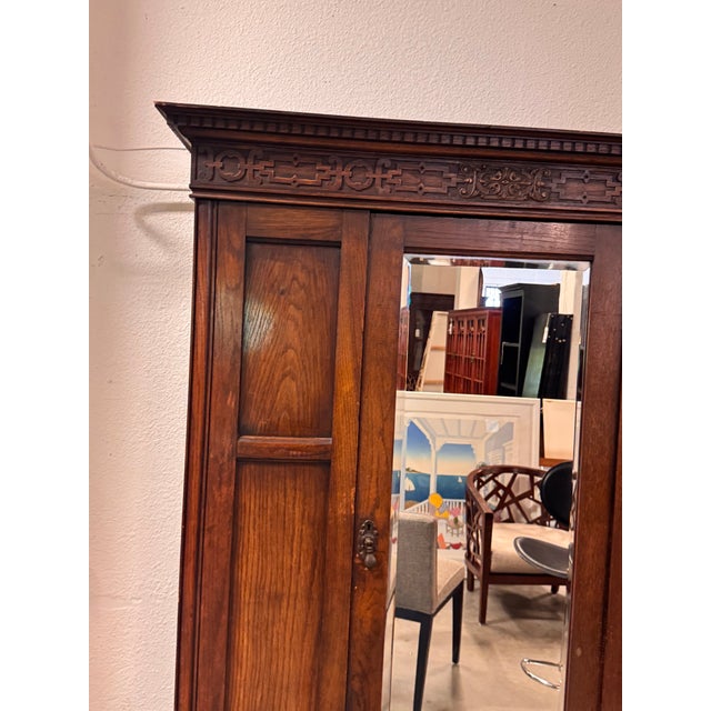 Brown Ray & Miles Carved Oak Mirrored Wardrobe, Antique For Sale - Image 8 of 12