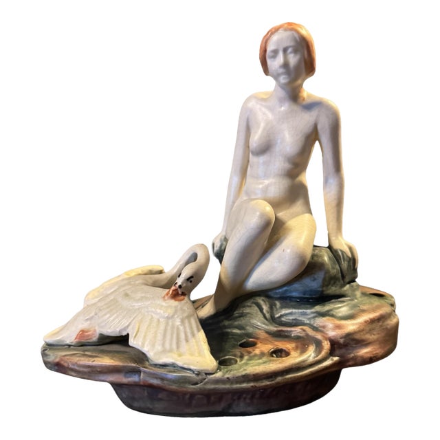 Vintage Weller Muskota Art Pottery Figural Art Nouveau Leda & Swan Flower Frog For Sale