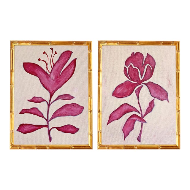 Original Framed Acrylic Botanical Painting, Organic Boho Art Floral Wall Art by Tatiana Duperault For Sale