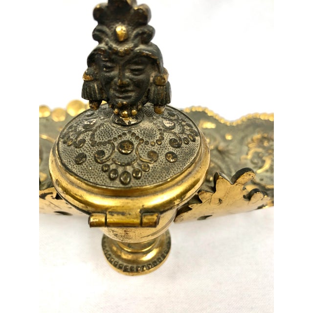 Antique Asian Design Brass Inkwell With Pen Tray For Sale - Image 9 of 11