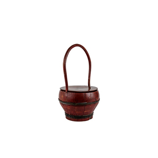 Antique Dark Wooden Chinese Wedding Basket in Red Lacquer With Floral Painted Lid For Sale In Tulsa - Image 6 of 10