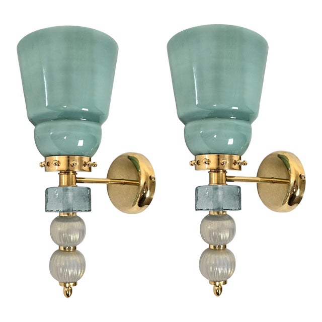 1990s Pair of Acqua Green Murano Glass Sconces For Sale