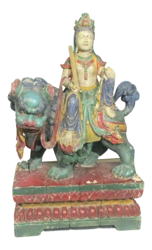 Antique Chinese Wooden Bodhisattva on Lion